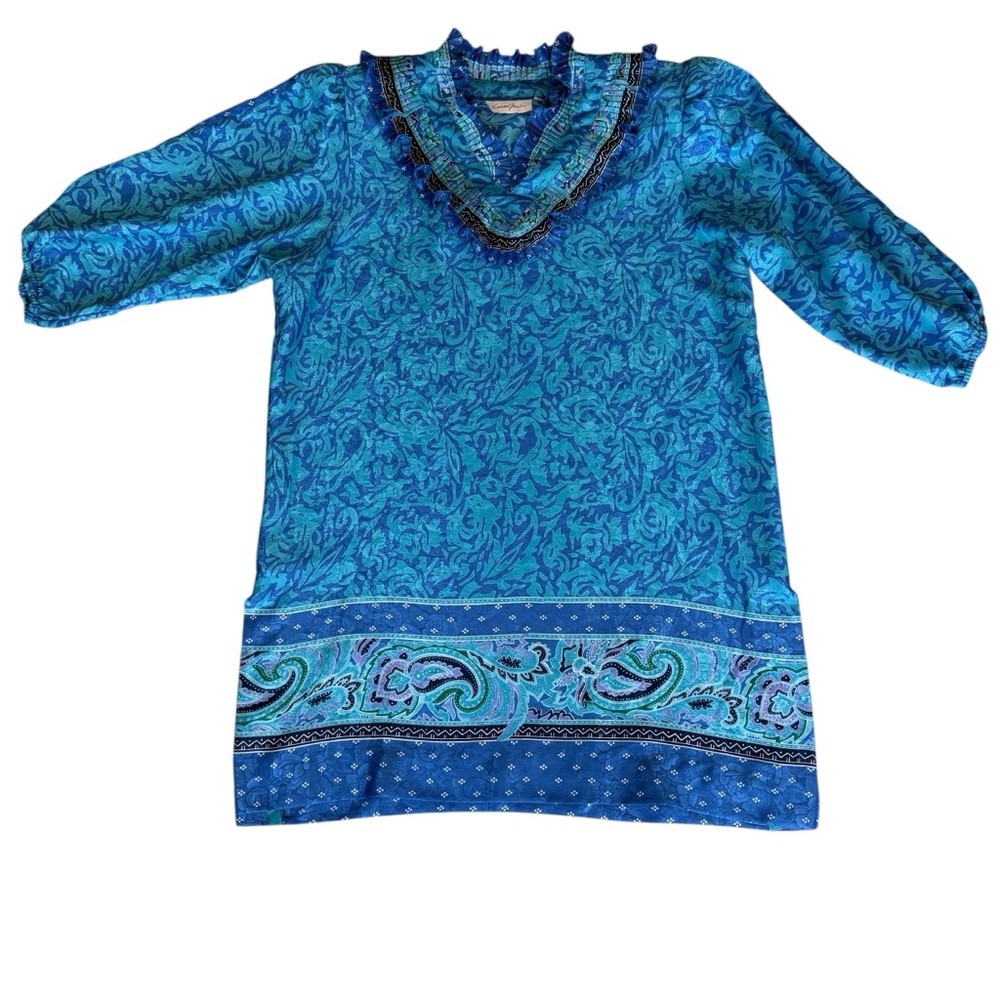 VINTAGE SUSAN FREIS Blue Paisley Tunic Dress Removable Shoulder Pants Medium